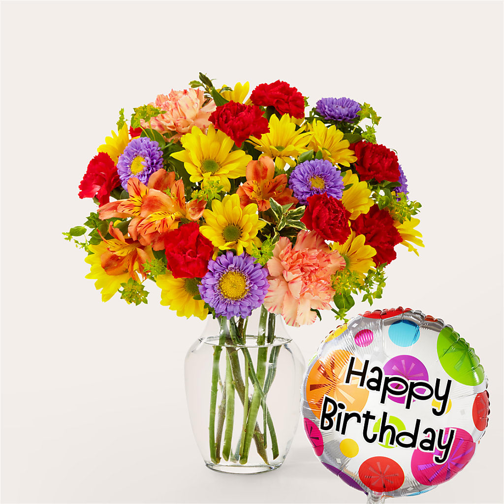 Kaleidoscope Bouquet with Birthday Balloon – ELLA'S ESSENCE LLC, Evanston IL