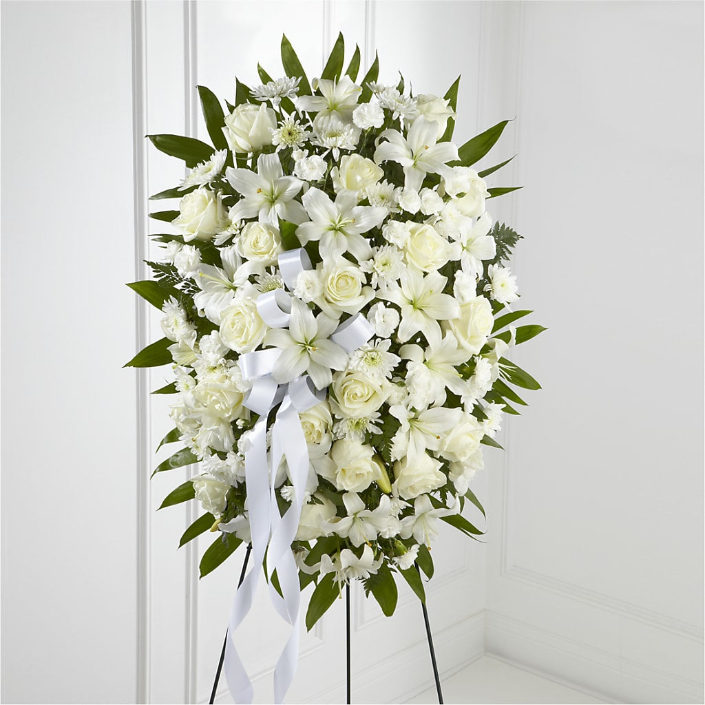 Exquisite Tribute Standing Spray-White Ribbon – ELLA'S ESSENCE LLC, Evanston IL